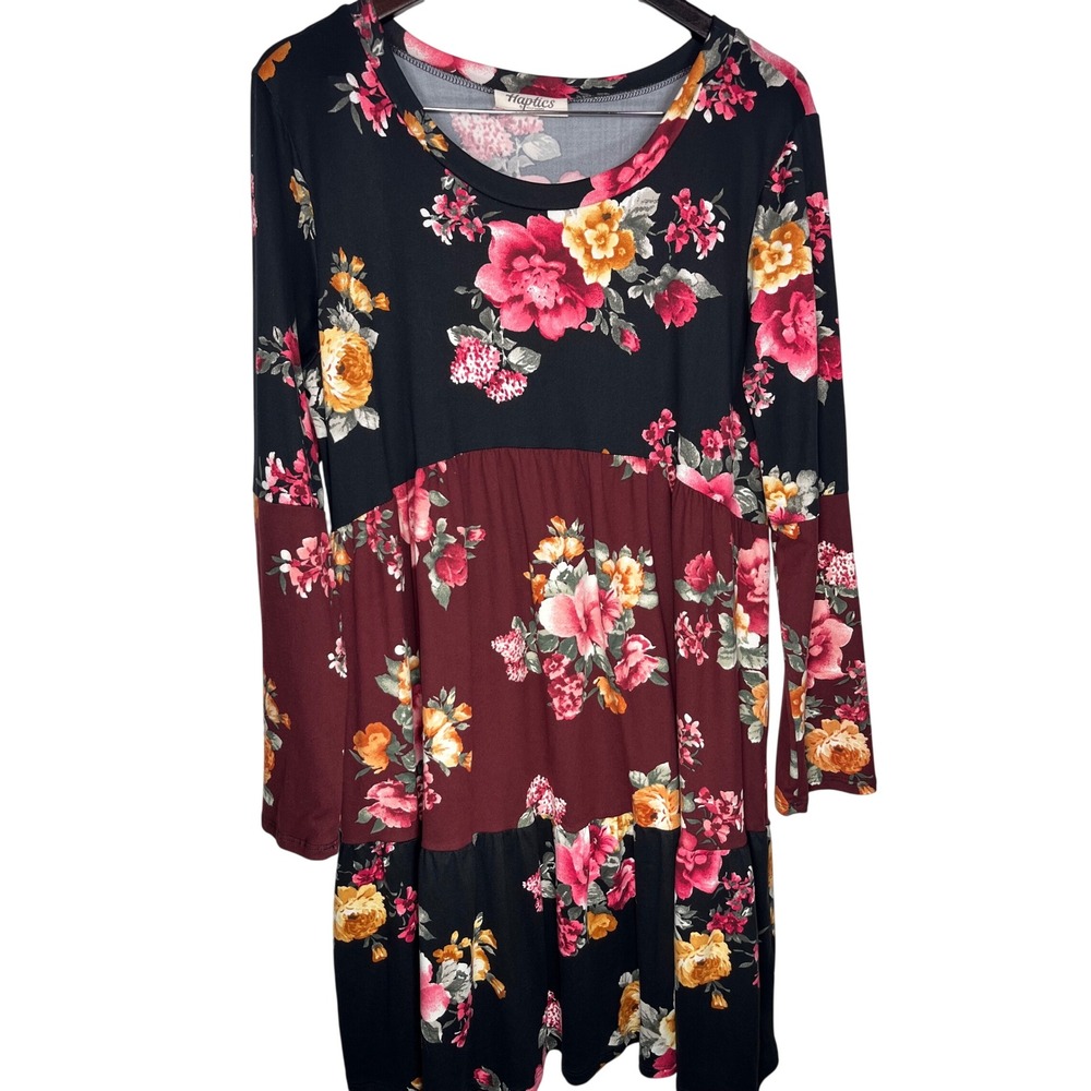 Haptics Babydoll Dress Womens Medium Black Floral Tiered Boho Cottagecore